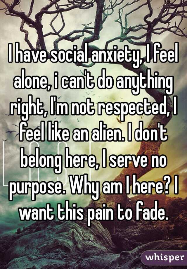 I have social anxiety, I feel alone, i can't do anything right, I'm not respected, I feel like an alien. I don't belong here, I serve no purpose. Why am I here? I want this pain to fade. 