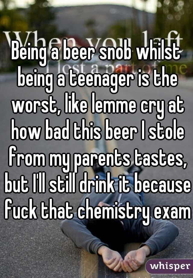 Being a beer snob whilst being a teenager is the worst, like lemme cry at how bad this beer I stole from my parents tastes, but I'll still drink it because fuck that chemistry exam