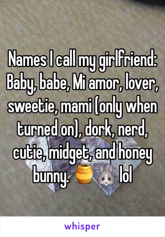 Names I call my girlfriend:
Baby, babe, Mi amor, lover, sweetie, mami (only when turned on), dork, nerd, cutie, midget, and honey bunny. 🍯🐰 lol 