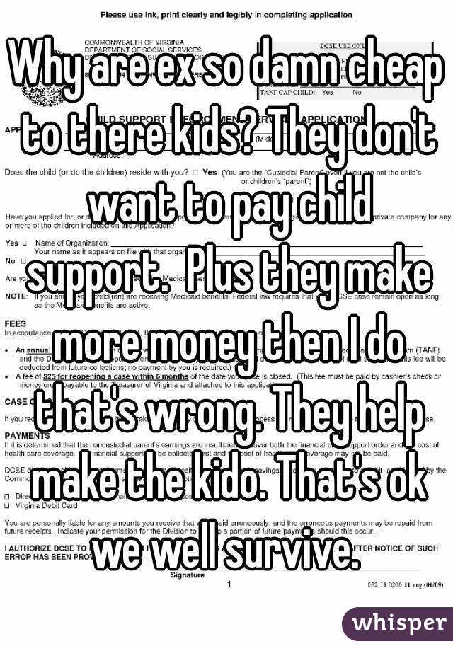 Why are ex so damn cheap to there kids? They don't want to pay child support.  Plus they make more money then I do that's wrong. They help make the kido. That's ok we well survive. 