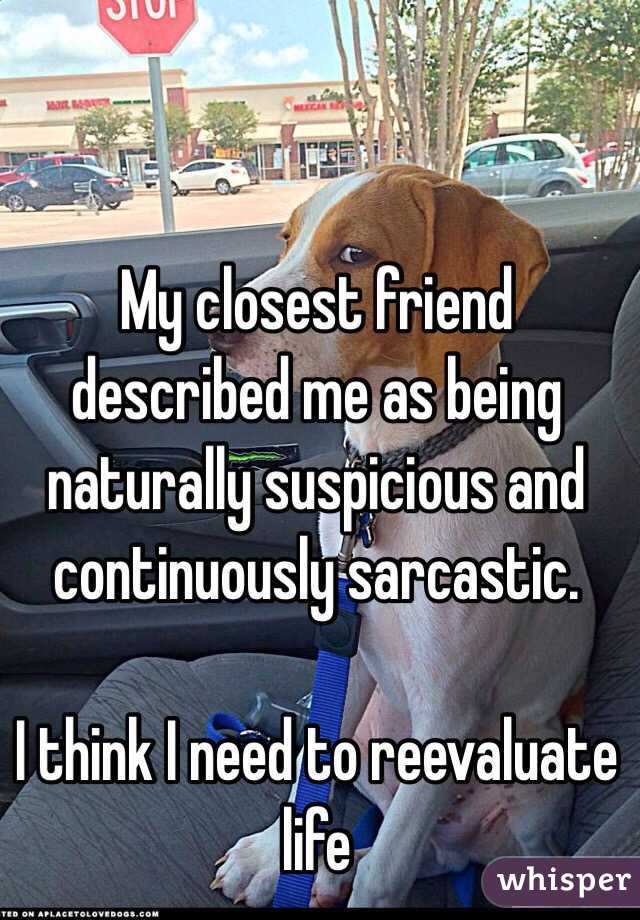 My closest friend described me as being naturally suspicious and continuously sarcastic. 

I think I need to reevaluate life