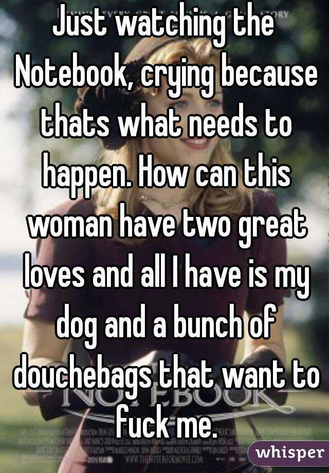 Just watching the Notebook, crying because thats what needs to happen. How can this woman have two great loves and all I have is my dog and a bunch of douchebags that want to fuck me.