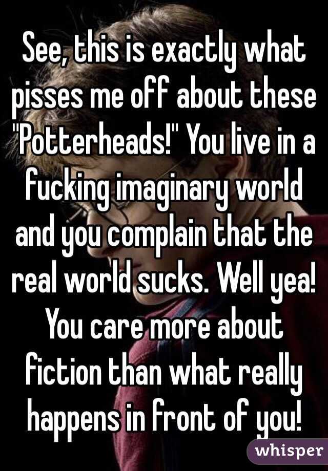 See, this is exactly what pisses me off about these "Potterheads!" You live in a fucking imaginary world and you complain that the real world sucks. Well yea! You care more about fiction than what really happens in front of you!