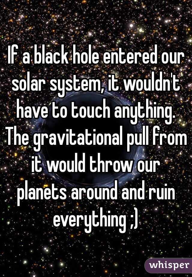 If a black hole entered our solar system, it wouldn't have to touch anything. The gravitational pull from it would throw our planets around and ruin everything ;)