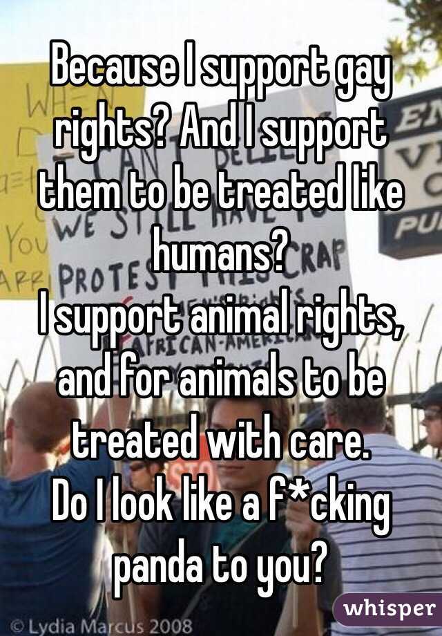 Because I support gay rights? And I support them to be treated like humans?
I support animal rights, and for animals to be treated with care.
Do I look like a f*cking panda to you?