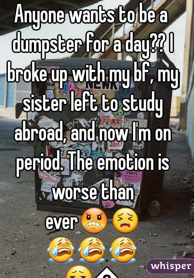 Anyone wants to be a dumpster for a day?? I broke up with my bf, my sister left to study abroad, and now I'm on period. The emotion is worse than ever😠😣😭😭😭😧😦😢