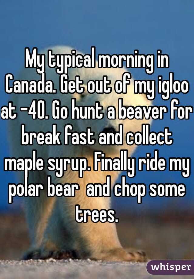 My typical morning in Canada. Get out of my igloo at -40. Go hunt a beaver for break fast and collect maple syrup. Finally ride my polar bear  and chop some trees.