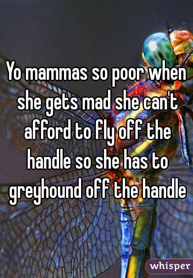 Yo mammas so poor when she gets mad she can't afford to fly off the handle so she has to greyhound off the handle
