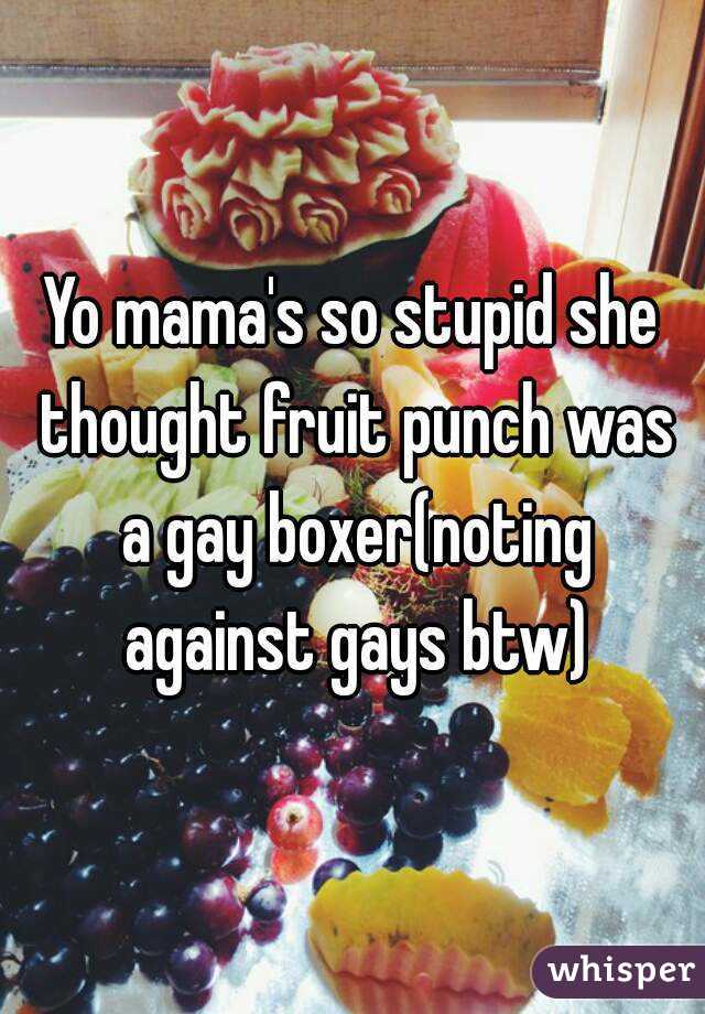 Yo mama's so stupid she thought fruit punch was a gay boxer(noting against gays btw)