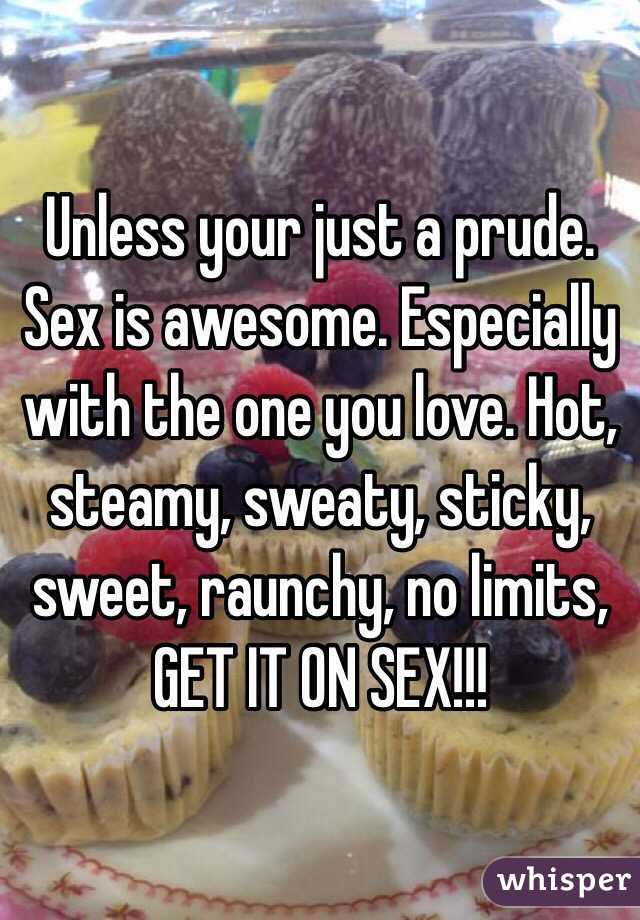 Unless your just a prude. Sex is awesome. Especially with the one you love. Hot, steamy, sweaty, sticky, sweet, raunchy, no limits, GET IT ON SEX!!! 