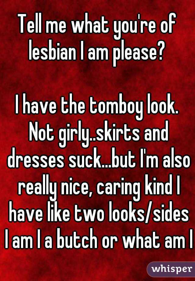 Tell me what you're of lesbian I am please? 

I have the tomboy look. Not girly..skirts and dresses suck...but I'm also really nice, caring kind I have like two looks/sides I am I a butch or what am I