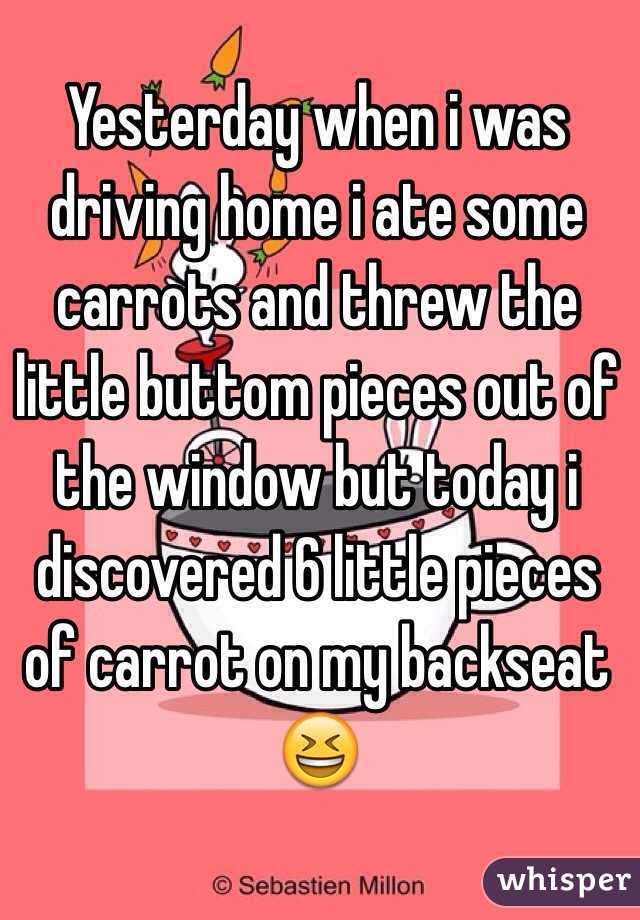 Yesterday when i was driving home i ate some carrots and threw the little buttom pieces out of the window but today i discovered 6 little pieces of carrot on my backseat 😆