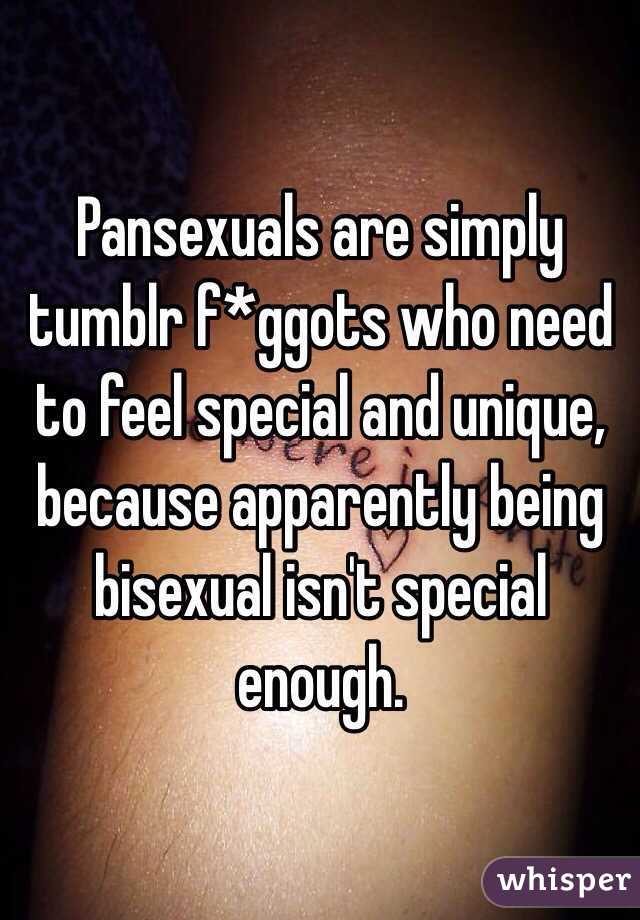 Pansexuals are simply tumblr f*ggots who need to feel special and unique, because apparently being bisexual isn't special enough.