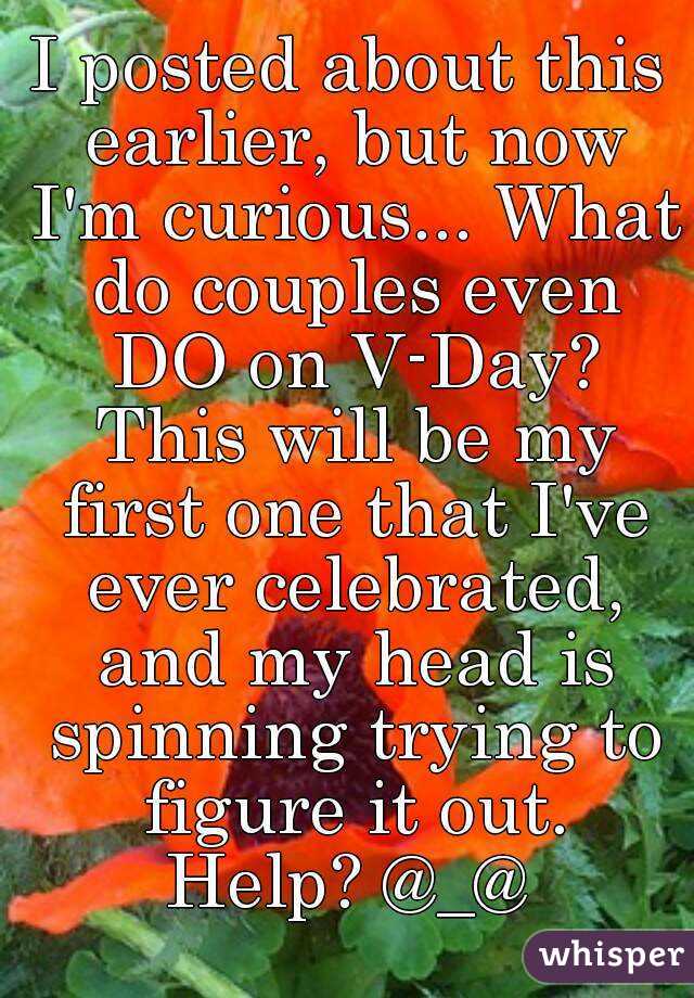 I posted about this earlier, but now I'm curious... What do couples even DO on V-Day? This will be my first one that I've ever celebrated, and my head is spinning trying to figure it out.
Help? @_@