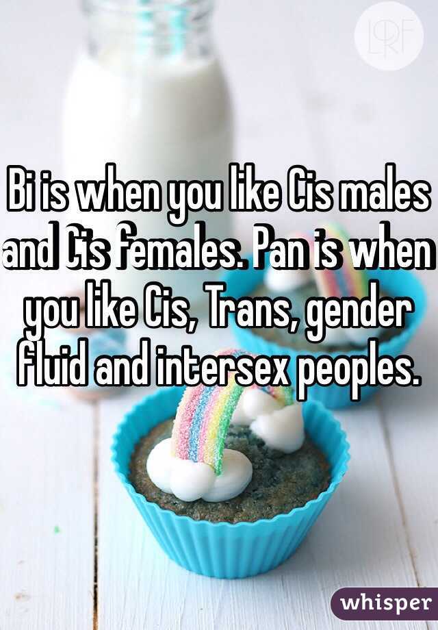 Bi is when you like Cis males and Cis females. Pan is when you like Cis, Trans, gender fluid and intersex peoples.