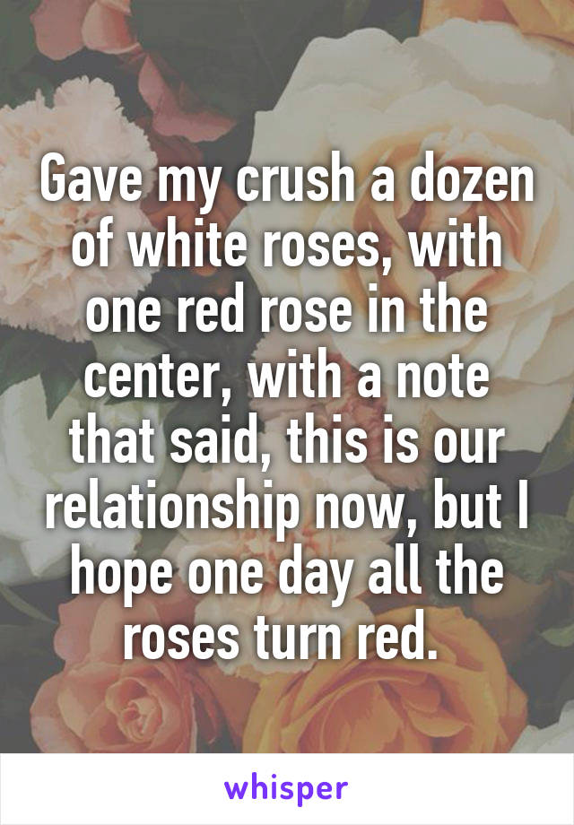 Gave my crush a dozen of white roses, with one red rose in the center, with a note that said, this is our relationship now, but I hope one day all the roses turn red. 