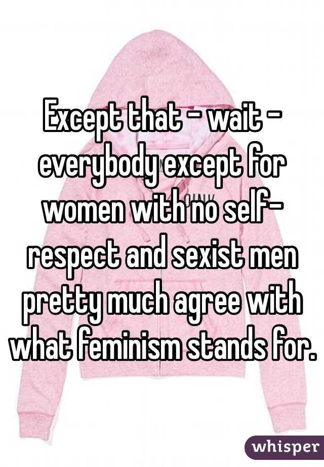 Except that - wait - everybody except for women with no self-respect and sexist men pretty much agree with what feminism stands for.