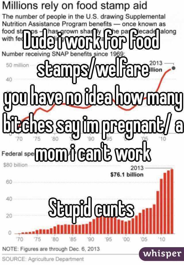 Dude i work for food stamps/welfare
 you have no idea how many bitches say im pregnant/ a mom i can't work

Stupid cunts