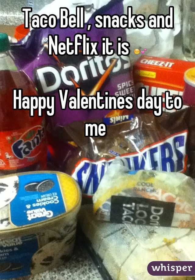 Taco Bell , snacks and Netflix it is ☺💕

Happy Valentines day to me 