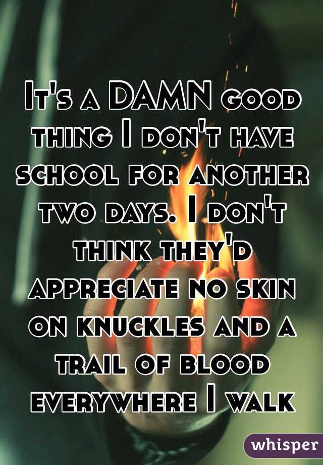 It's a DAMN good thing I don't have school for another two days. I don't think they'd appreciate no skin on knuckles and a trail of blood everywhere I walk 