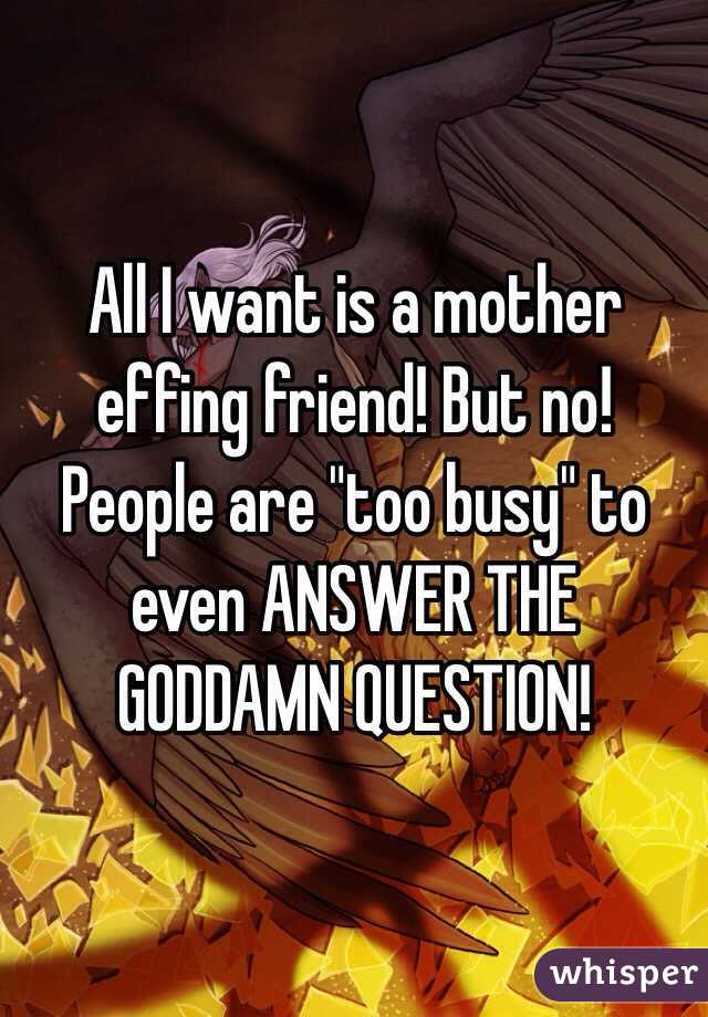 All I want is a mother effing friend! But no! People are "too busy" to even ANSWER THE GODDAMN QUESTION!