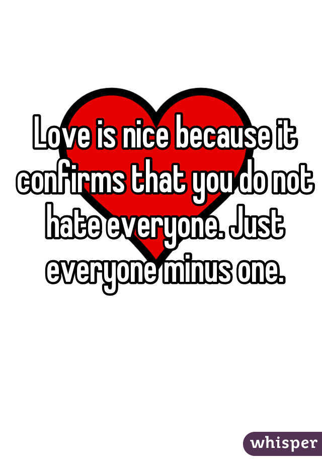 Love is nice because it confirms that you do not hate everyone. Just everyone minus one.
