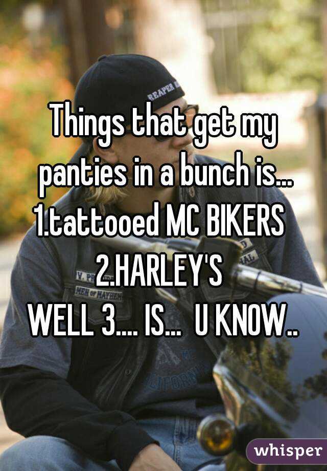 Things that get my panties in a bunch is...
1.tattooed MC BIKERS 
2.HARLEY'S 
WELL 3.... IS...  U KNOW..