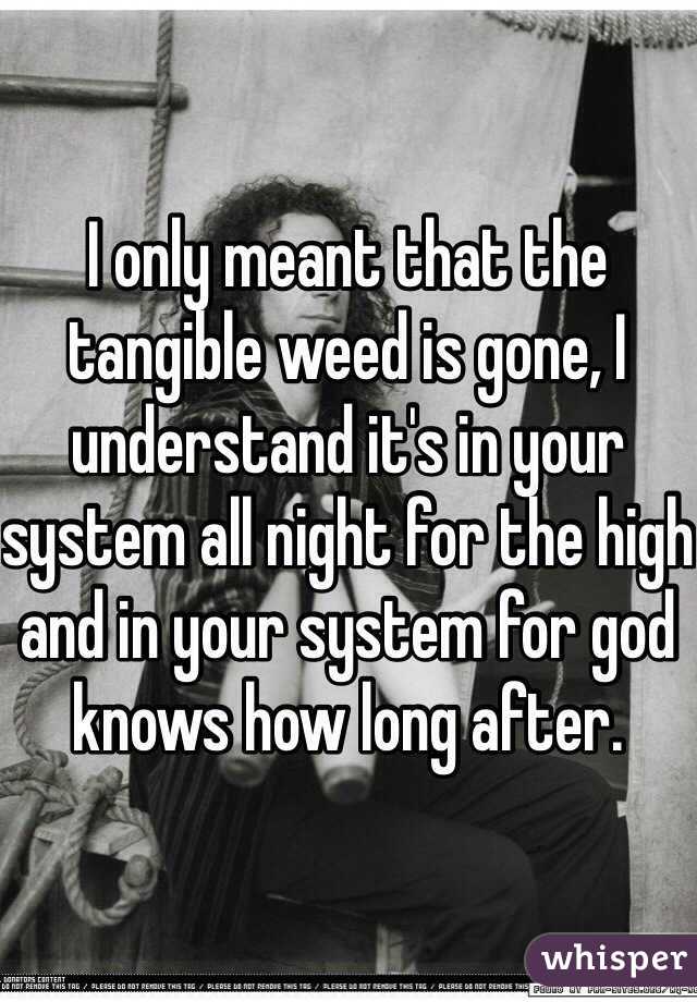 I only meant that the tangible weed is gone, I understand it's in your system all night for the high and in your system for god knows how long after.  