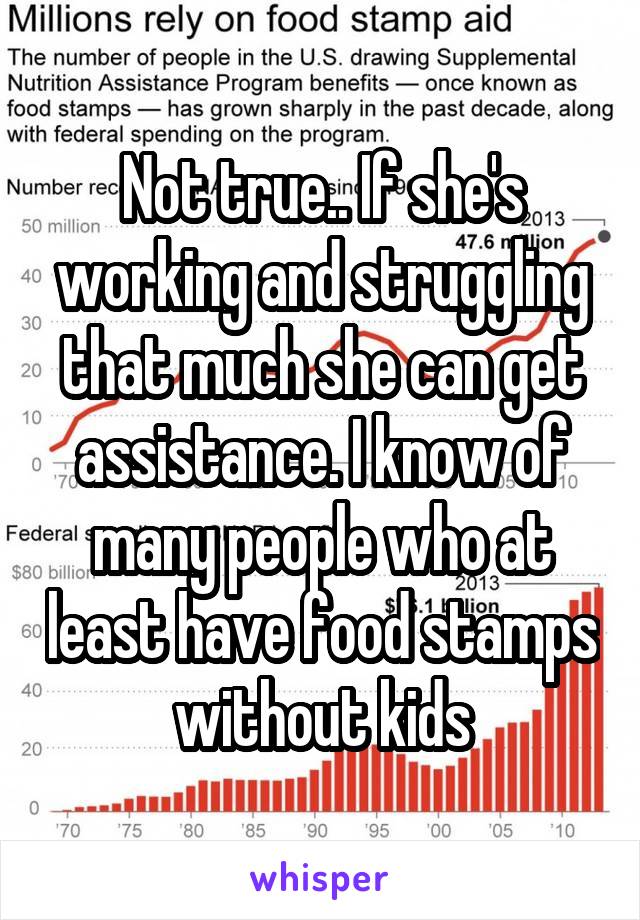 Not true.. If she's working and struggling that much she can get assistance. I know of many people who at least have food stamps without kids