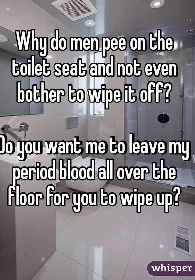 Why do men pee on the toilet seat and not even bother to wipe it off?

Do you want me to leave my period blood all over the floor for you to wipe up?