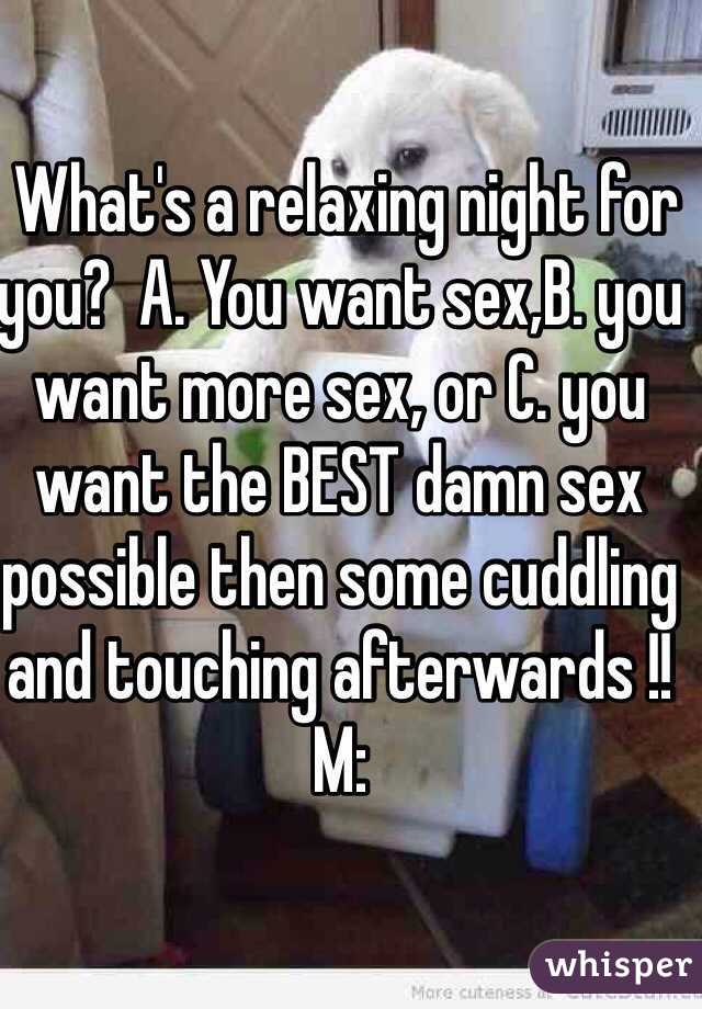  What's a relaxing night for you?  A. You want sex,B. you want more sex, or C. you want the BEST damn sex possible then some cuddling and touching afterwards !!  M: