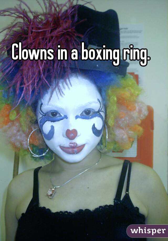 Clowns in a boxing ring.