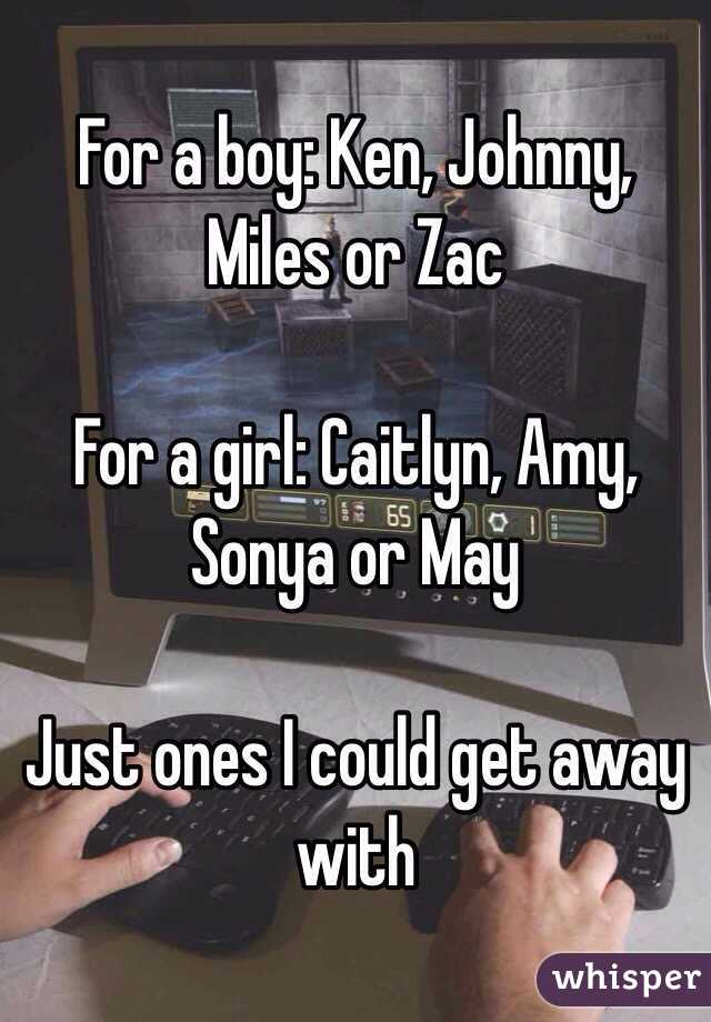 For a boy: Ken, Johnny, Miles or Zac

For a girl: Caitlyn, Amy, Sonya or May

Just ones I could get away with