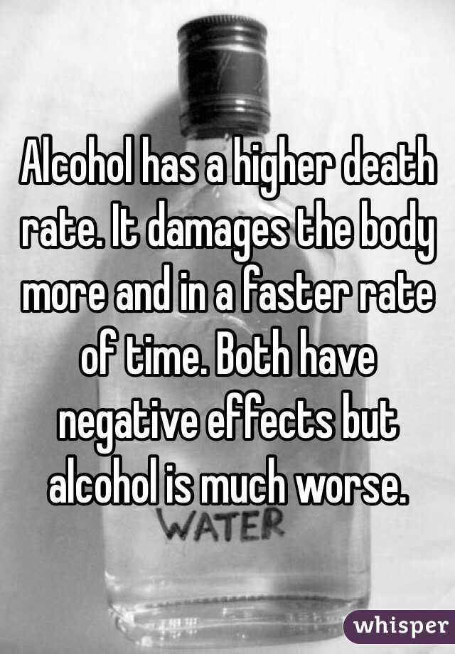 Alcohol has a higher death rate. It damages the body more and in a faster rate of time. Both have negative effects but alcohol is much worse.