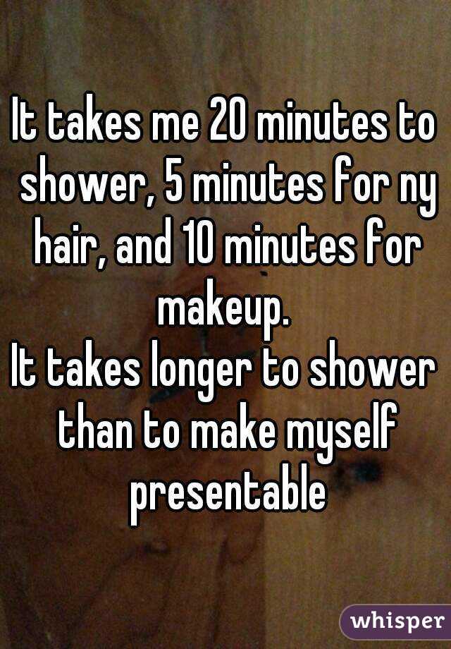 It takes me 20 minutes to shower, 5 minutes for ny hair, and 10 minutes for makeup. 
It takes longer to shower than to make myself presentable