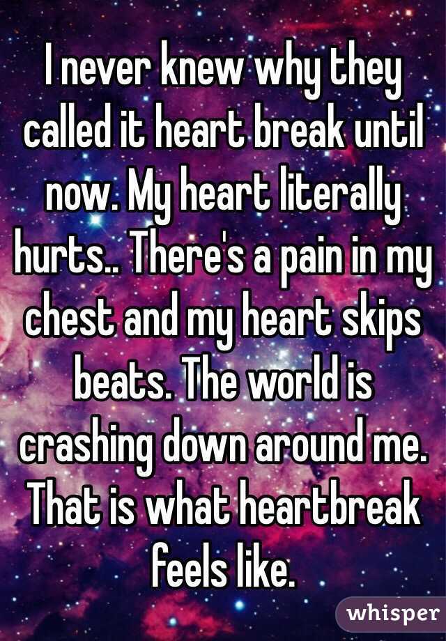 I never knew why they called it heart break until now. My heart literally hurts.. There's a pain in my chest and my heart skips beats. The world is crashing down around me. That is what heartbreak feels like.