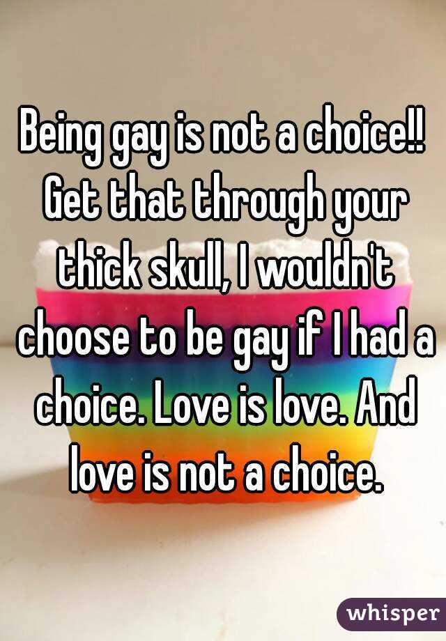 Being gay is not a choice!! Get that through your thick skull, I wouldn't choose to be gay if I had a choice. Love is love. And love is not a choice.