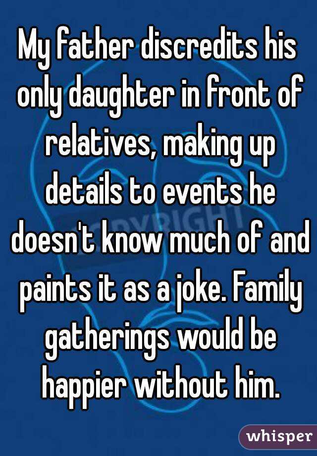 My father discredits his only daughter in front of relatives, making up details to events he doesn't know much of and paints it as a joke. Family gatherings would be happier without him.