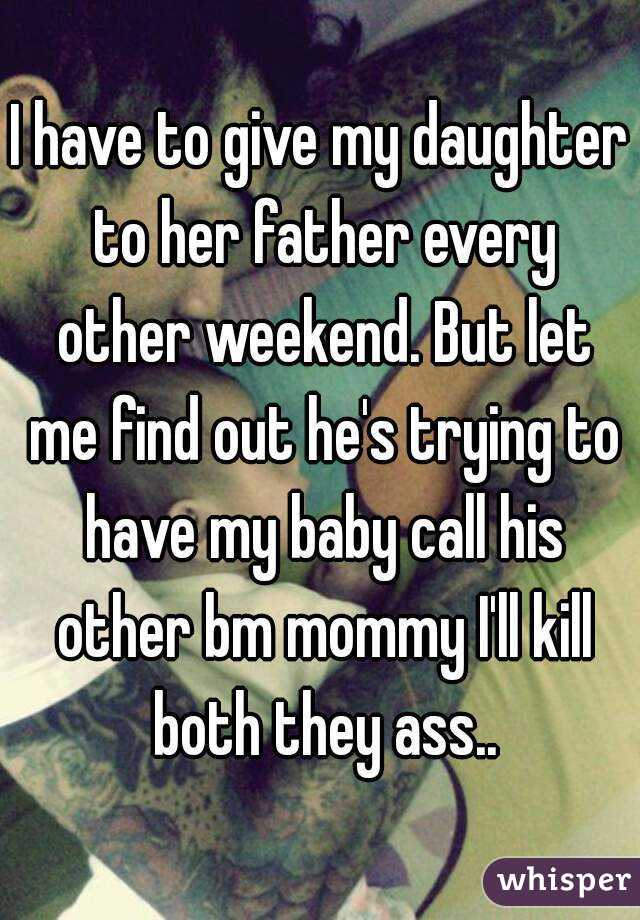 I have to give my daughter to her father every other weekend. But let me find out he's trying to have my baby call his other bm mommy I'll kill both they ass..
