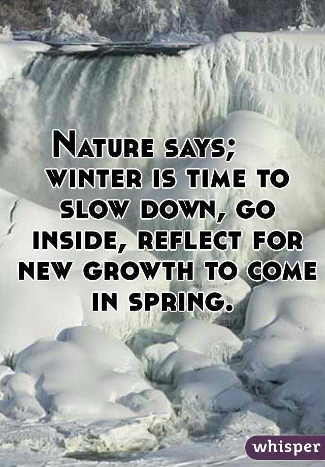 Nature says;     winter is time to slow down, go inside, reflect for new growth to come in spring. 