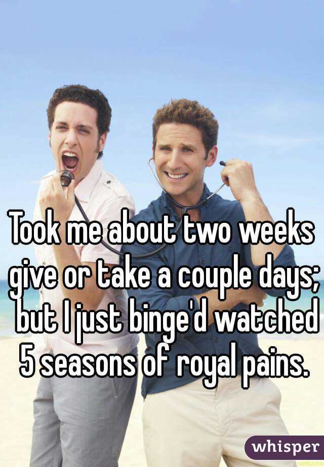 Took me about two weeks give or take a couple days;  but I just binge'd watched 5 seasons of royal pains.
