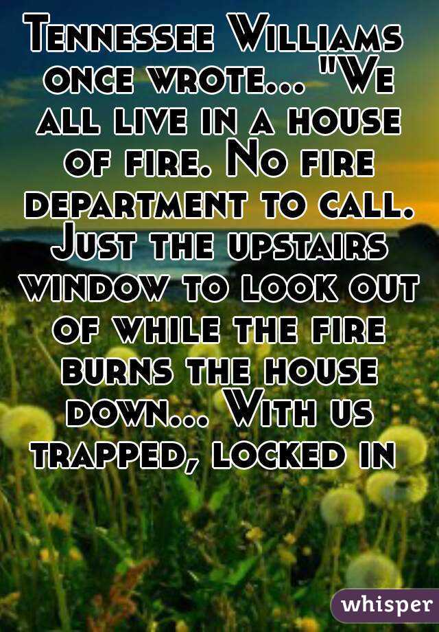 Tennessee Williams once wrote... "We all live in a house of fire. No fire department to call. Just the upstairs window to look out of while the fire burns the house down... With us trapped, locked in 