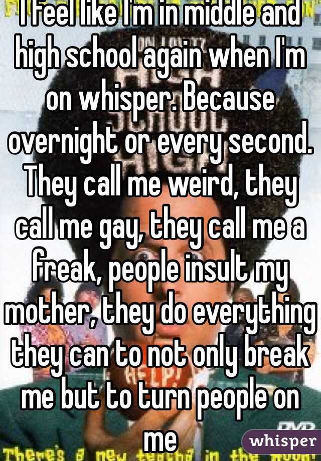 I feel like I'm in middle and high school again when I'm on whisper. Because overnight or every second. They call me weird, they call me gay, they call me a freak, people insult my mother, they do everything they can to not only break me but to turn people on me