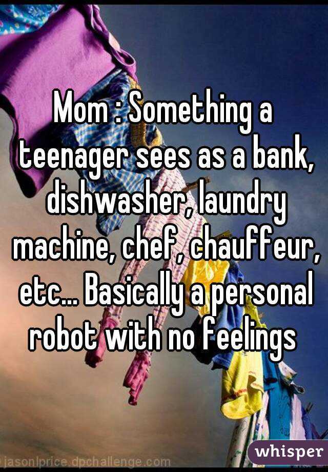 Mom : Something a teenager sees as a bank, dishwasher, laundry machine, chef, chauffeur, etc... Basically a personal robot with no feelings 