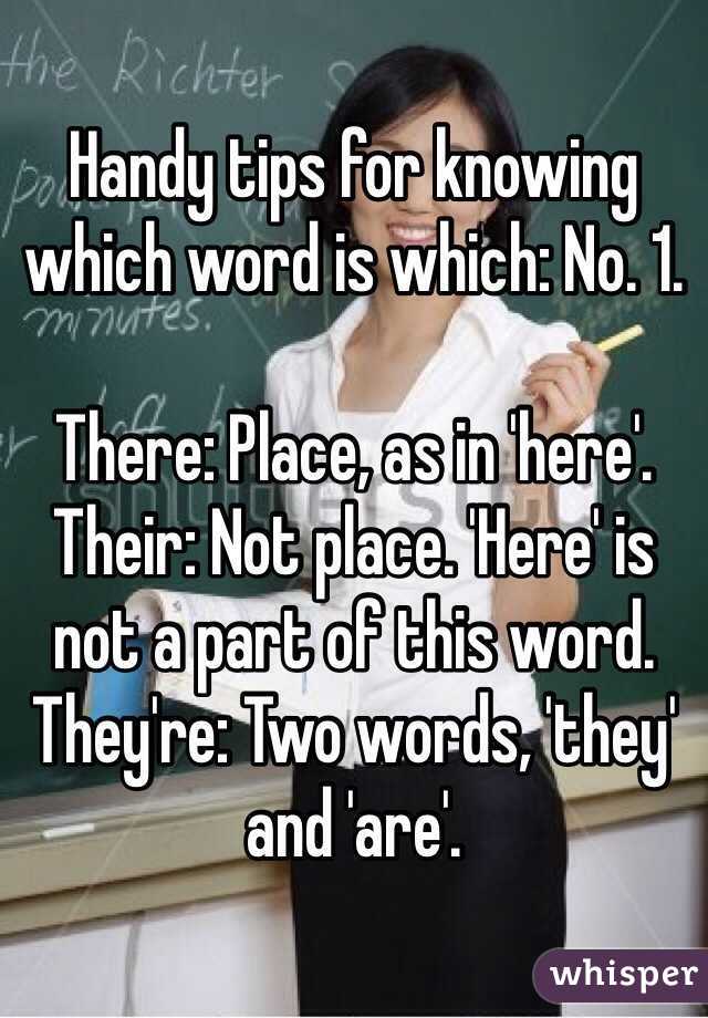 Handy tips for knowing which word is which: No. 1.

There: Place, as in 'here'.
Their: Not place. 'Here' is not a part of this word.
They're: Two words, 'they' and 'are'.