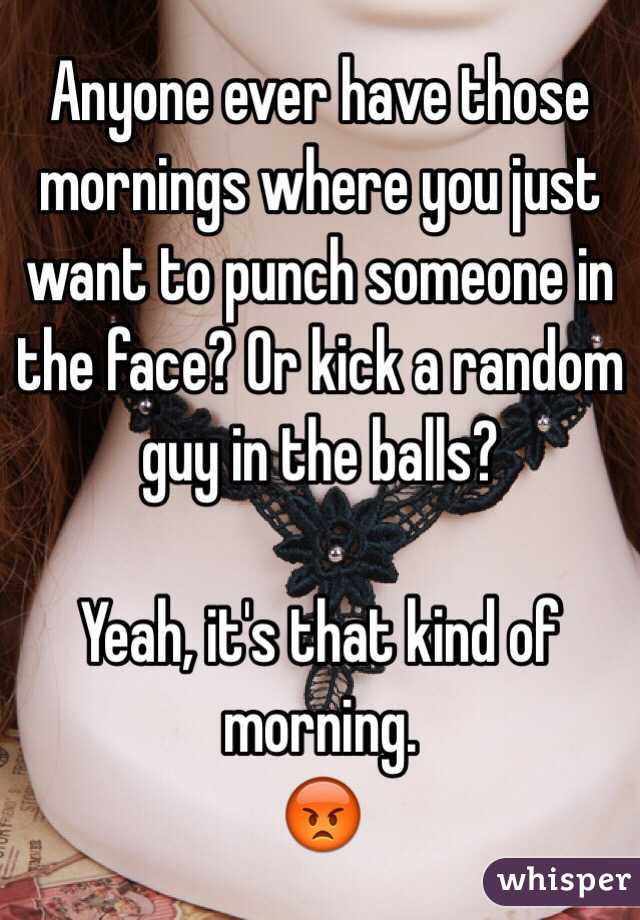 Anyone ever have those mornings where you just want to punch someone in the face? Or kick a random guy in the balls?

Yeah, it's that kind of morning.
😡
