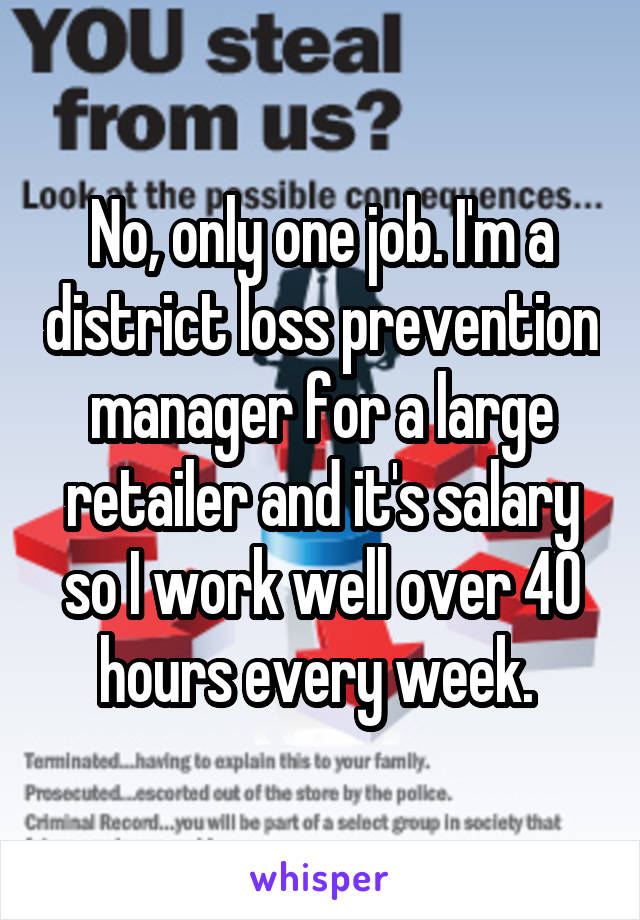 No, only one job. I'm a district loss prevention manager for a large retailer and it's salary so I work well over 40 hours every week. 