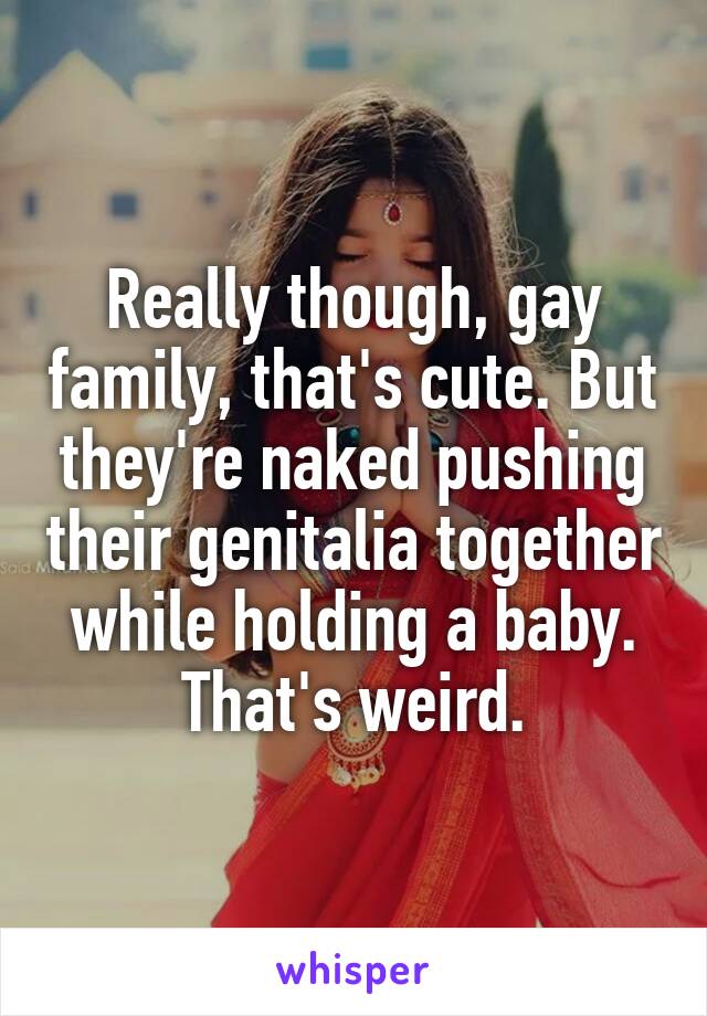 Really though, gay family, that's cute. But they're naked pushing their genitalia together while holding a baby. That's weird.