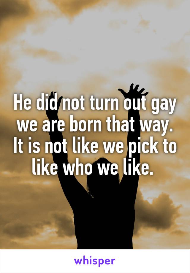 He did not turn out gay we are born that way. It is not like we pick to like who we like. 