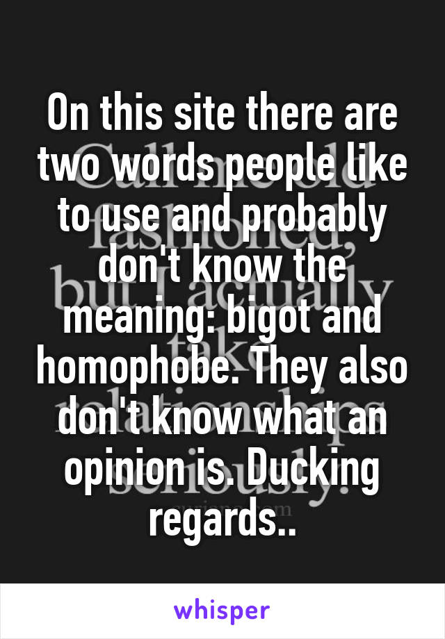 On this site there are two words people like to use and probably don't know the meaning: bigot and homophobe. They also don't know what an opinion is. Ducking regards..